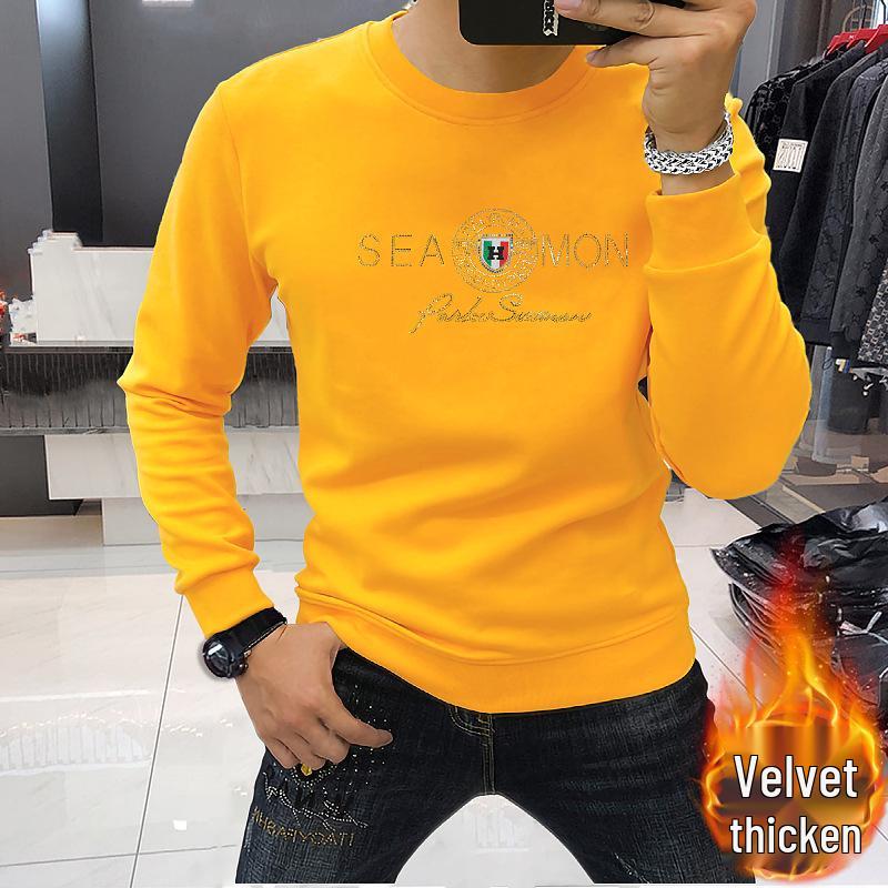 Stylish Rhinestone Men's Long Sleeve Round Neck Shirt - Comfortable, Versatile, Velvet-Thickened for Autumn and Winter.