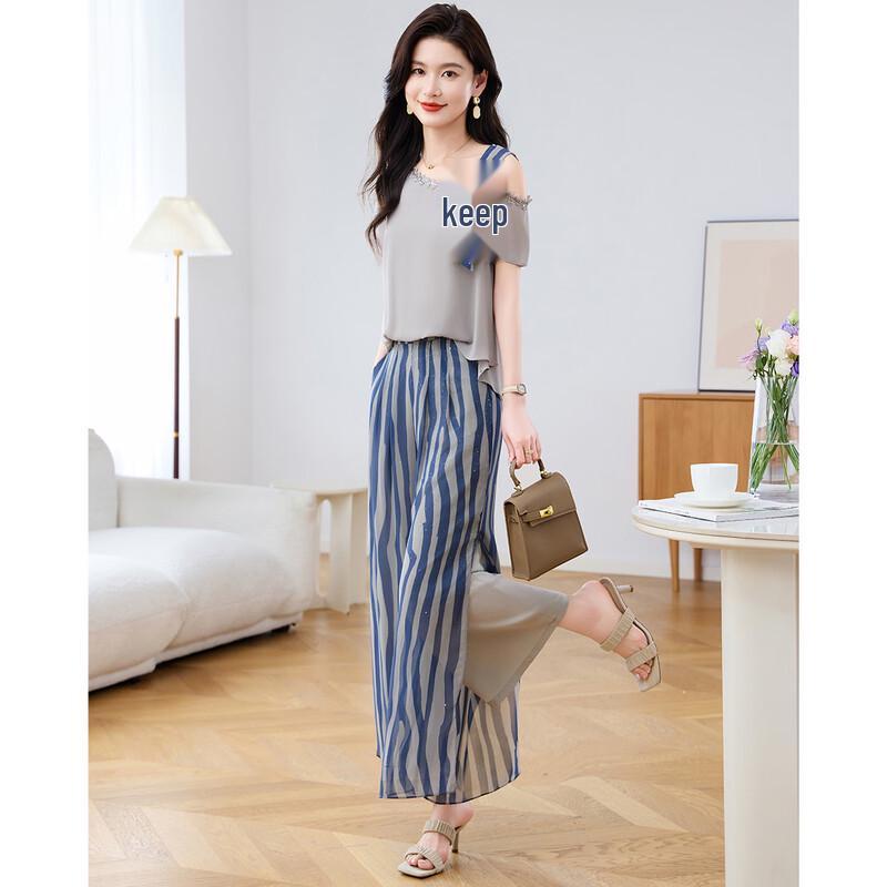 Women s Striped Oblique Shoulder Top & Wide-Leg Pants Set XL