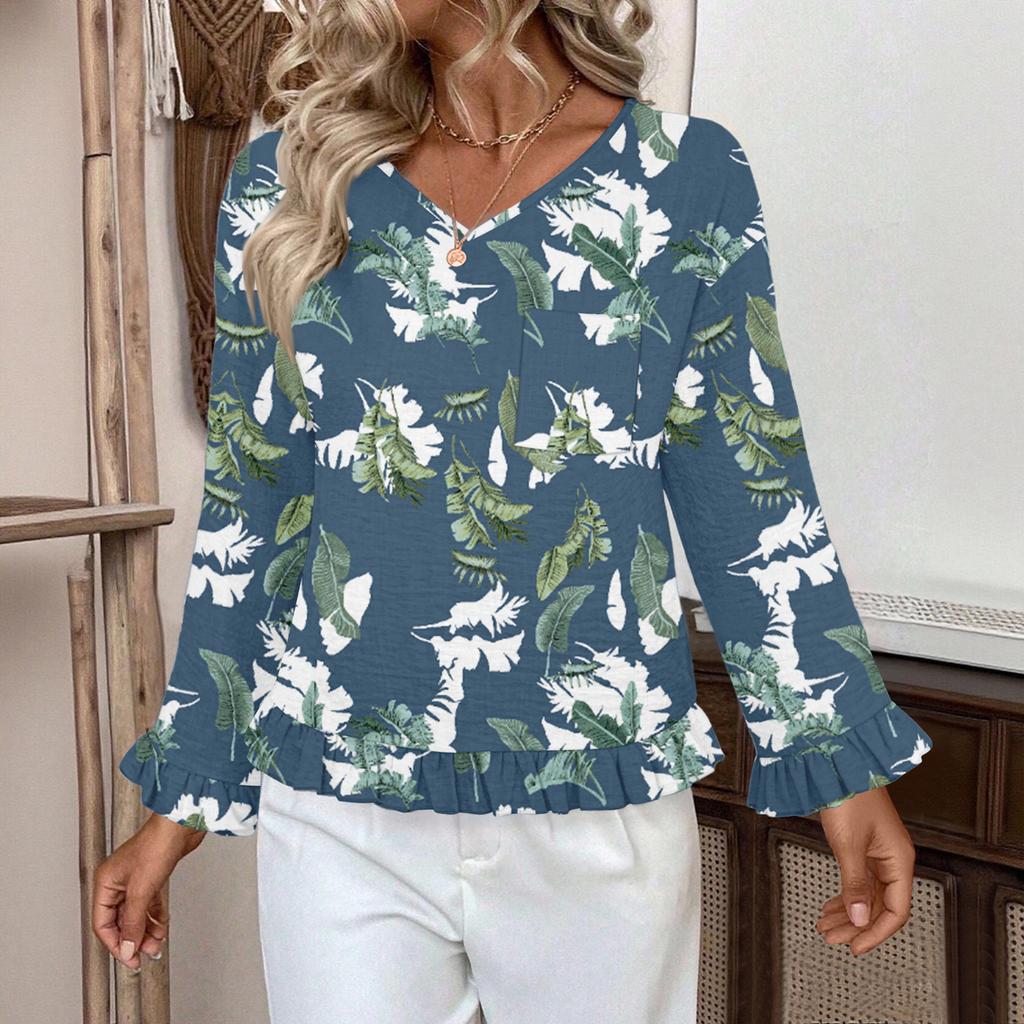 Women's Casual Fashion Ruffle V-Neck Pocket Retro Print Long Sleeve Top