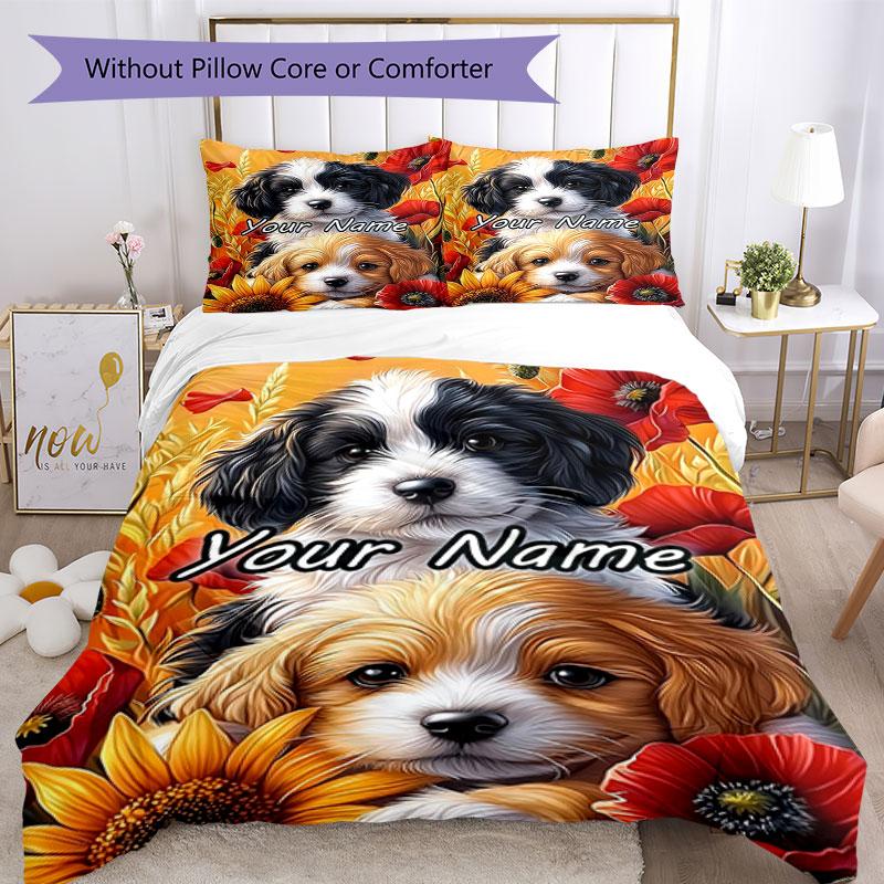 3pcs Custom Name Puppies Amidst Vibrant Blooms. Bedding Set Printed Bedding Set Duvet Cover Closure Includes 1 Duvet Cover & 2 Pillowcases Bedroom Dec