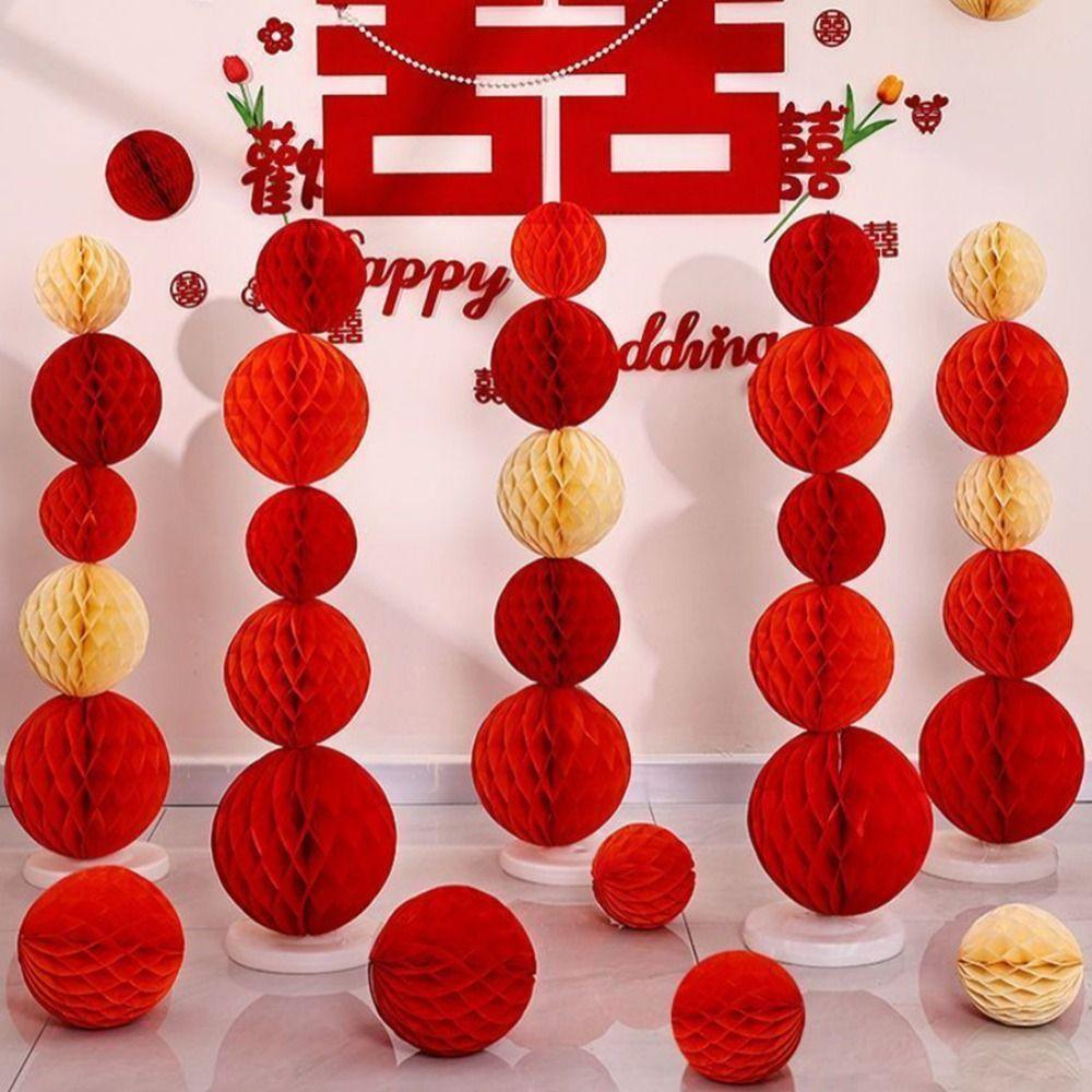 Red Tissue Paper Lantern Tissue Paper Honeycomb Design Honeycomb Ball Atmosphere Scene Making Wedding Decorative Balls
