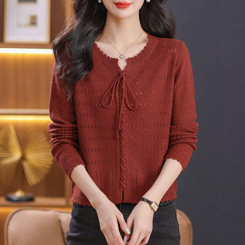 Rundhals Schnürung Ausgeschnitten Langarm T-Shirt Damen Kurzer Basic-Pullover Strickpullover, Lockeres Mama-Outfit