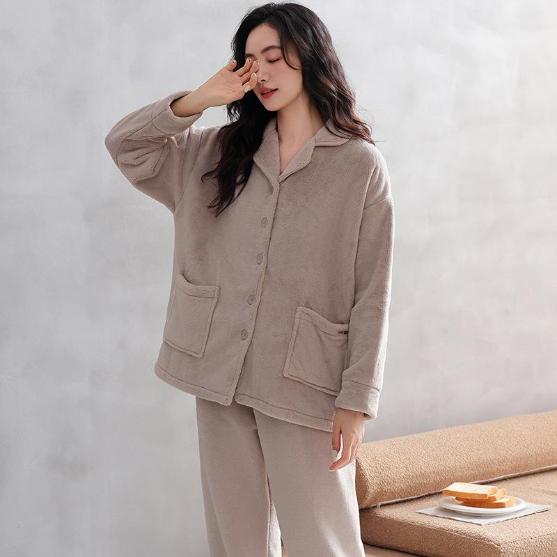 Women's Winter Flannel Pajama Set - Lapel Collar, Long Sleeve, Long Pants, Casual, Warm, For Home or Outings