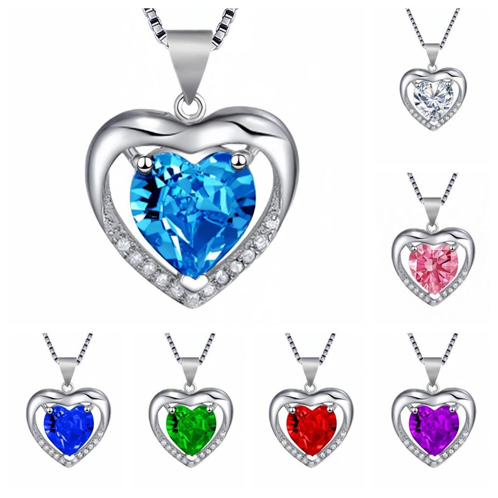 Korean Style Heart-Shaped Blue Crystal Necklace with Peach Heart Pendant