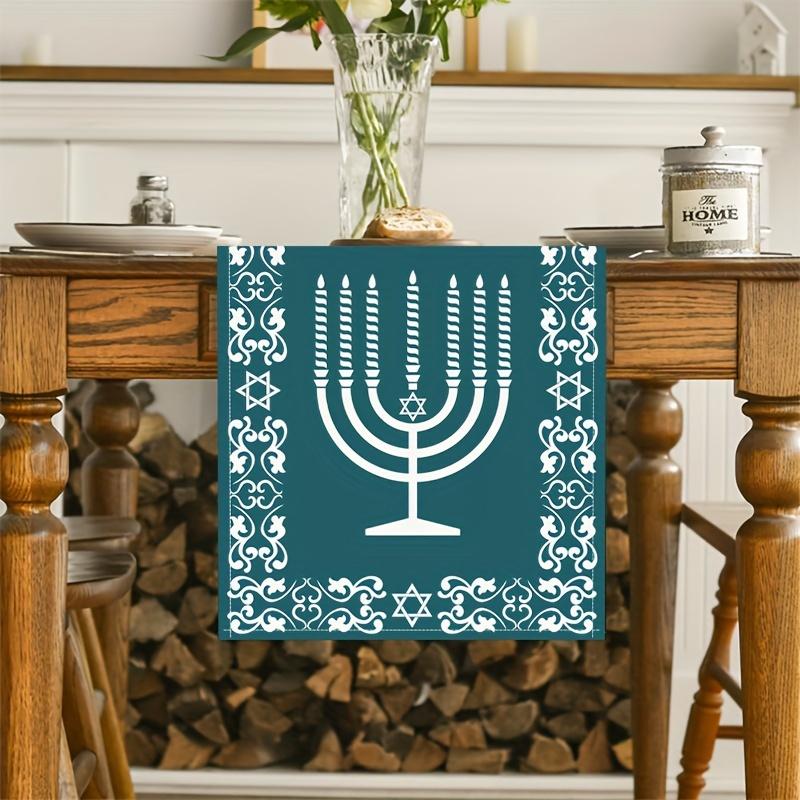 Hanukkah Menorah Linen Table Runner Holiday Party Decor Israel Star of David Table Runners Washable Kitchen Dining Table Decor
