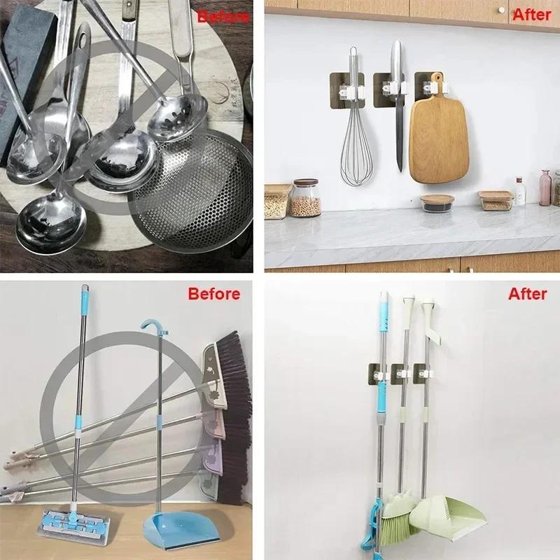 Adhesive Multi-Purpose Hooks Wall Mounted Mop Organizer Holder Storage Rack Brush Broom Hanger Hook Kitchen Bathroom Strong Hook