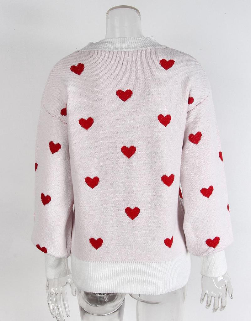 Heart Jacquard Round Neck Pullover Sweater for Women - Autumn/Winter Valentine's Day Style