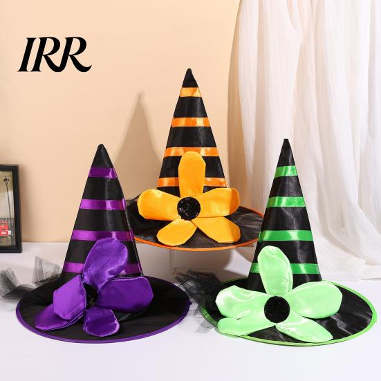 Festive Witch Hat for Parties Halloween Women Girls, Large Striped Wizard Eye Catching Headwear with Flower Costume Accessories, Cosplay, Party