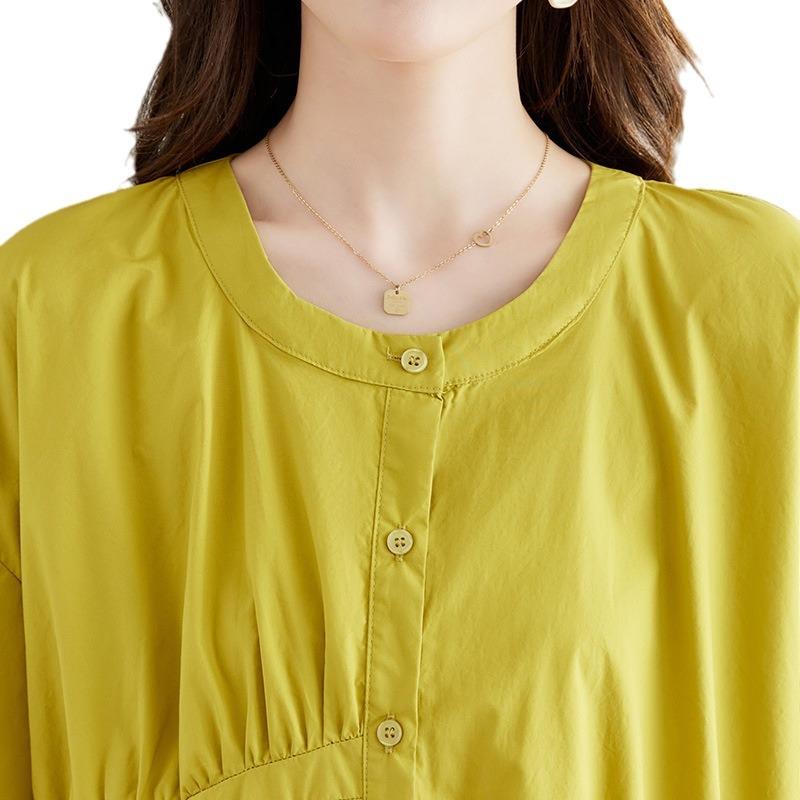 New Summer Pure Cotton Shirt Asymmetric Commuter Pleated White Shirt Women's Quarter-sleeved Top