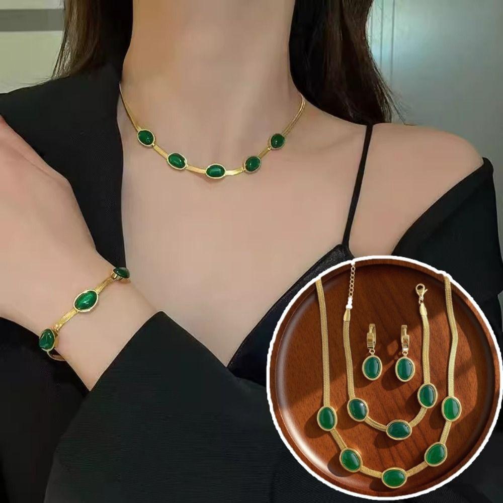 4Pcs Vintage Necklace Earrings Set Bracelet Crystal Jewelry Suit Green Rhinestone Jewelry Set  Party