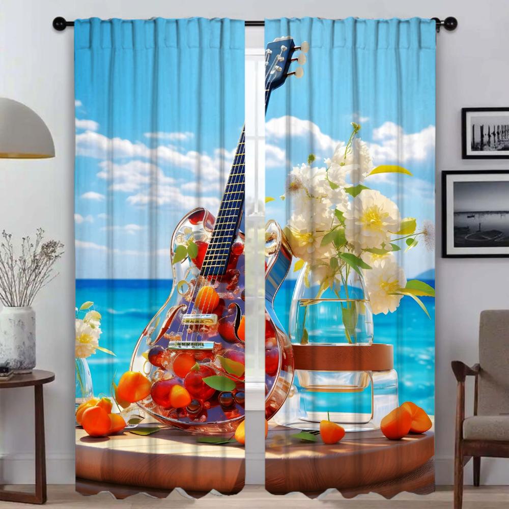 Guitar and Flowers Window Curtain for Room 2 Panel Shades Tulle for Bedroom Partition Halloween Decoration Kitchen Curtains Home