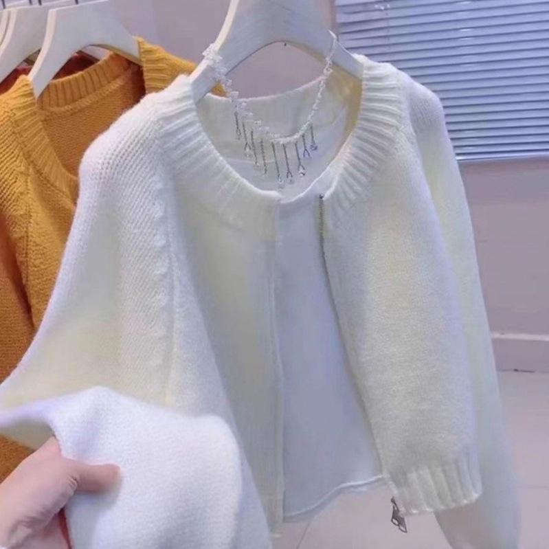 Women's 2026 Korean Style Double Zipper Fluffy Knit Cardigan - Solid Color Round Neck Autumn/Winter Outerwear