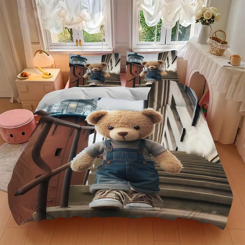 3-teiliges Anime-Teddybär-Bettwäscheset - Enthält einen Bettbezug und zwei Kissenbezüge (Kein Kern) - Polyesterstoff - Perfekt für Schlafzimmer und Gäste