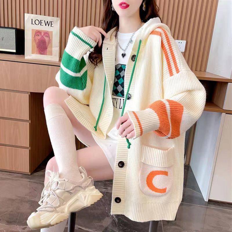 

Женский кардиган с капюшоном: Осенний вязаный свитер средней длины свободного кроя Large грязно-белый