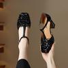 Krazing Pot Paillettenstoff Quadratische Zehenpartie Größe 41 High Heels Bling Glänzend Party Hochzeitsschuhe Herbst Schleife Pumps
