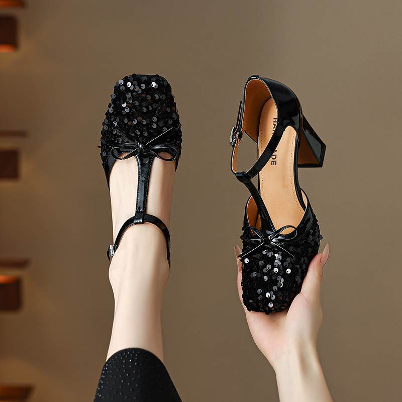 Krazing Pot Paillettenstoff Quadratische Zehenpartie Größe 41 High Heels Bling Glänzend Party Hochzeitsschuhe Herbst Schleife Pumps