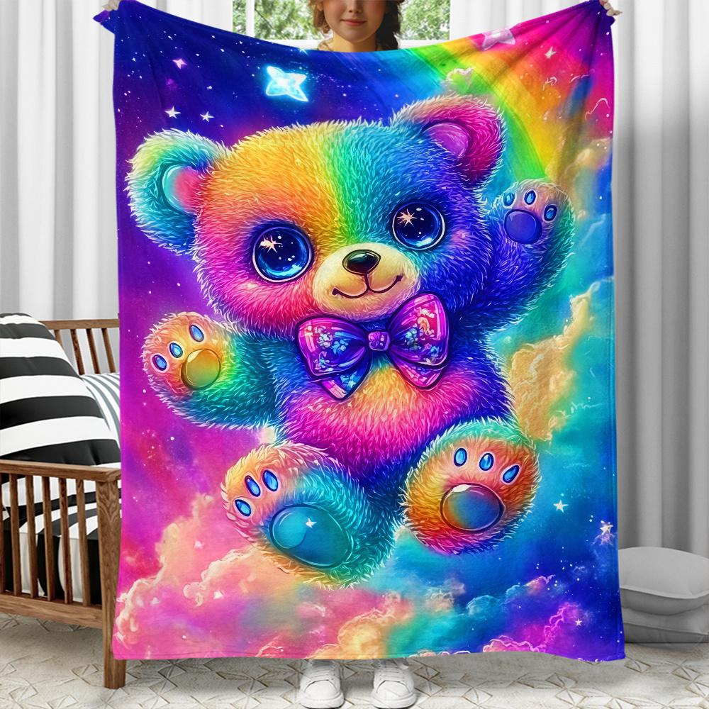 Regenbogenbär Glitzeraugen Kosmische Wolken Galaxie Fleece-Decke Weiche Flanell-Kuscheldecke Kinderzimmer Deko Lustige Bunte Geschenkidee