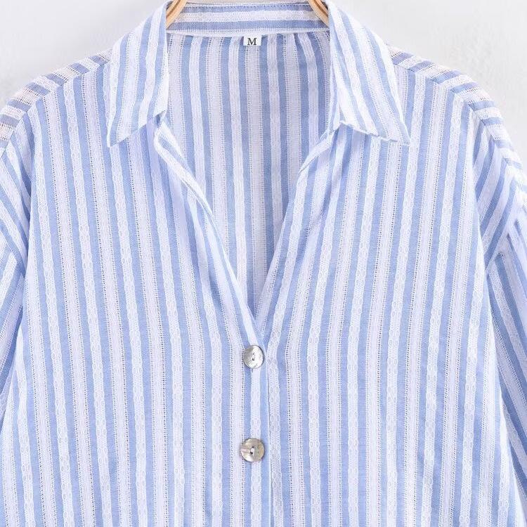 European and American style, striped single-breasted lapel collar long-sleeved loose shirt 8351023