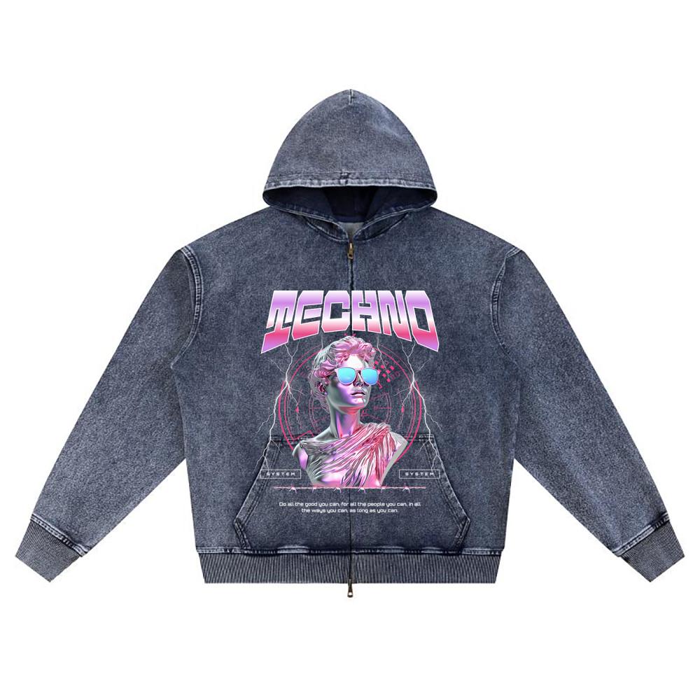 

DTG print Knitted Denim Zip-Up Hoodie Techno Brother Print Zipper Hoodies XL темно-синий