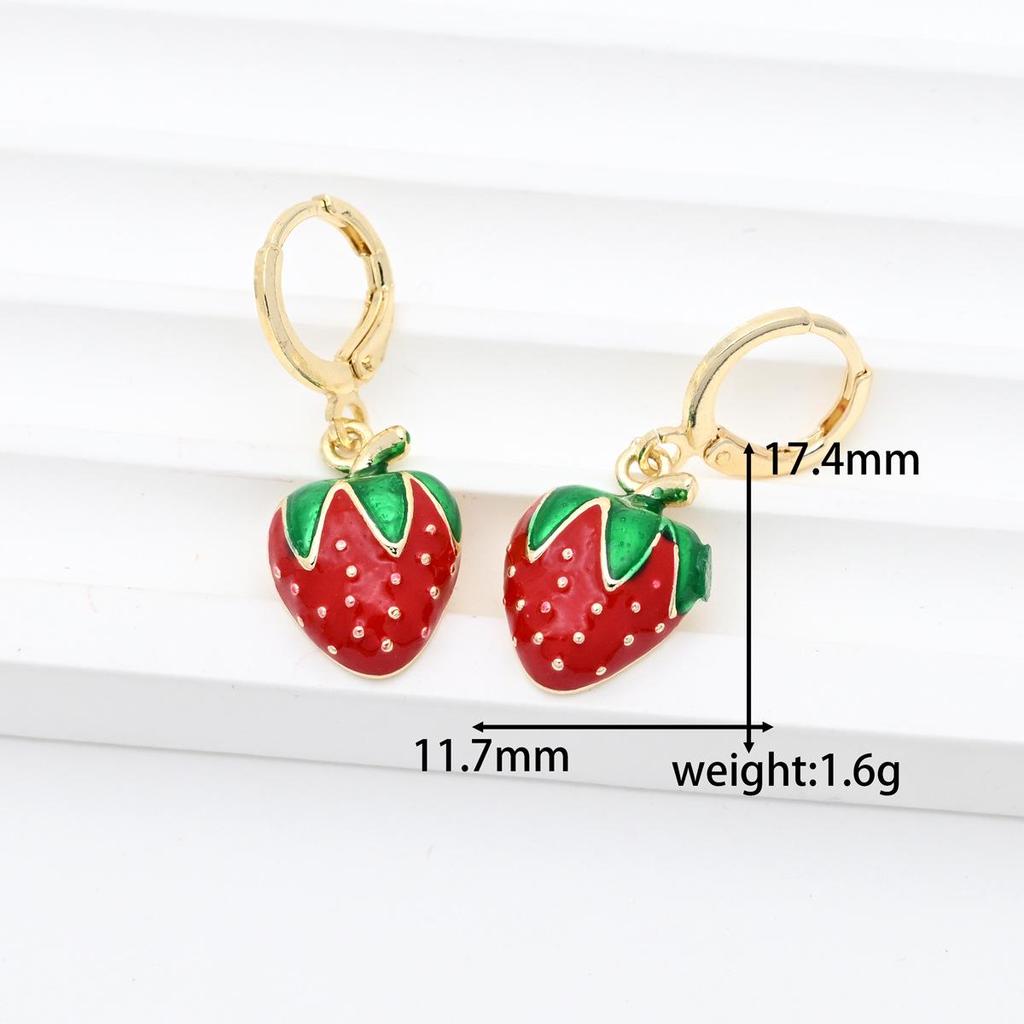Gold-Plated Copper Strawberry Earrings with Zirconia Drip Oil - DIY Jewelry.