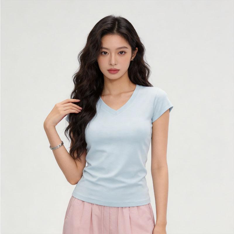 V-Ausschnitt T-Shirt kurzärmelig figurbetontes Oberteil Sport-T-Shirt Damen Sommer vielseitiges T-Shirt
