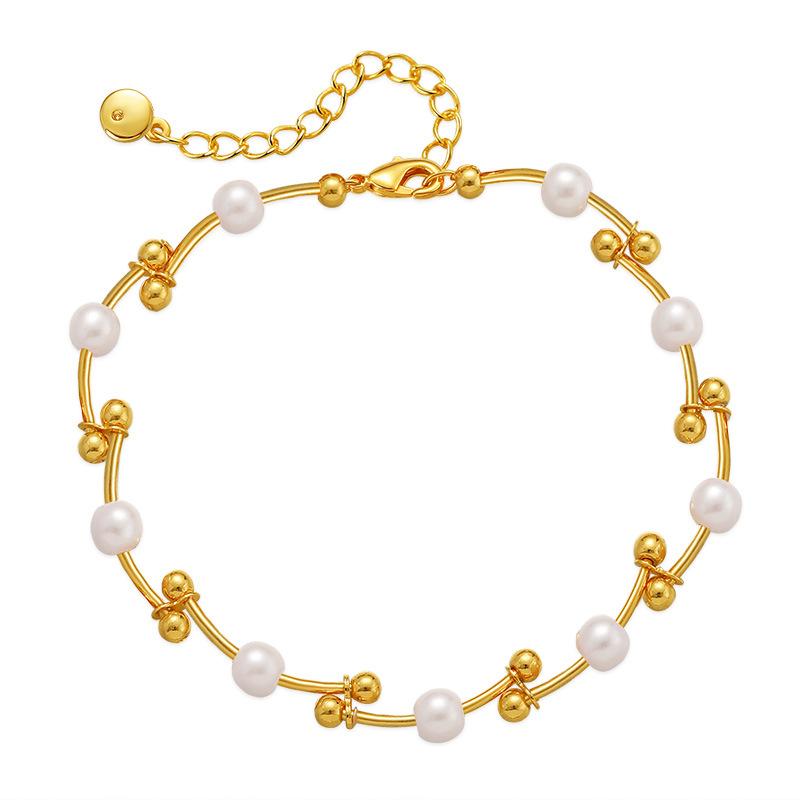Gold Plated Pearl & Ball Bead Tube Bracelet With Extension Chain белый