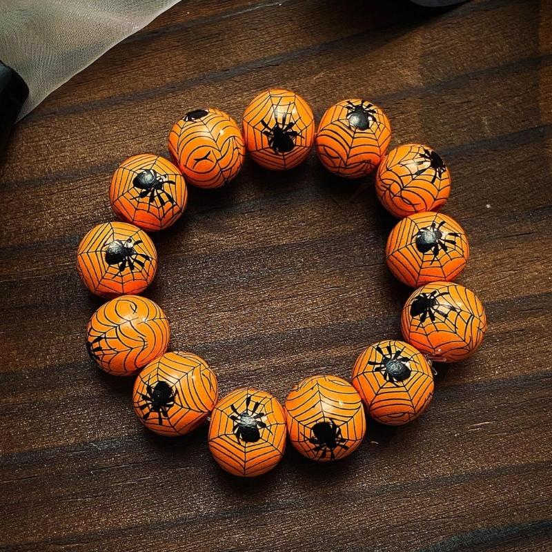 Trendy Halloween Charm Bangle Wood Beaded Bracelet Unique Skeleton Eye Blood Drops Pumpkin Design Hand Chain for Women