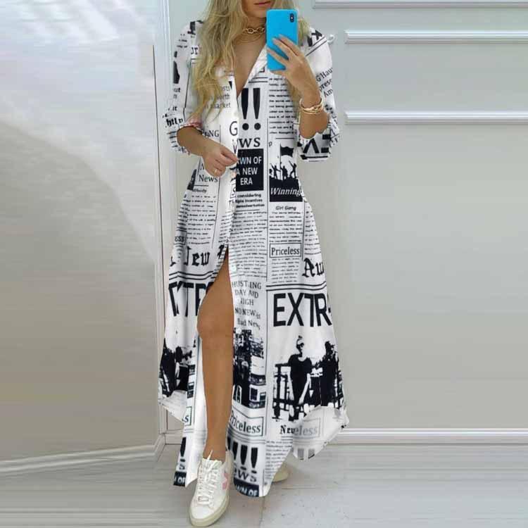 

Women Long Sleeve Print Shirred Shirt Style Long Maxi Comfortable Dress Lightweight High Recognition Elegant with Flattering Chic Casual Dress S