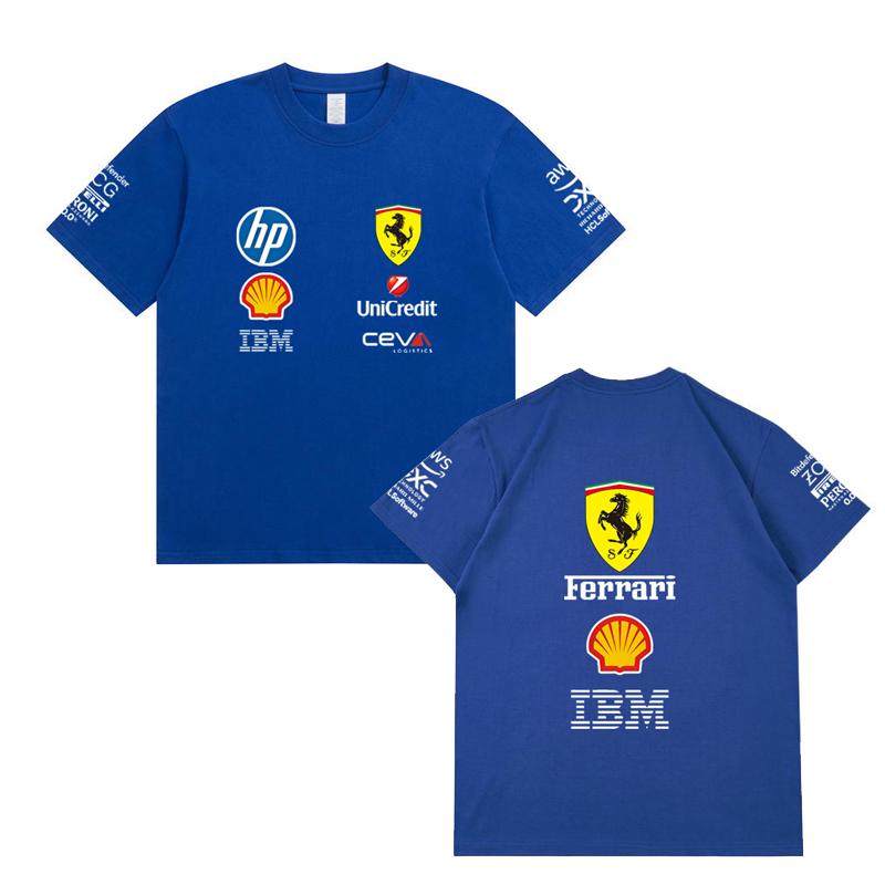 Camiseta Oversized de Casal Ferrari F1 Racing Estampa Clássica de Logo de Patrocinador Manga Curta Casual de Motorsport Streetwear