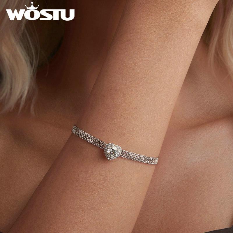 WOSTU 1 CT Sparkling Moissanite Heart Bracelet For Women 925 Silver Lab Diamond moissanite Star Flat wide chain Links