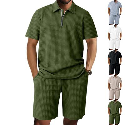 Men'S Solid Color Casual Collar Short Sleeved Shorts Two-Piece Set