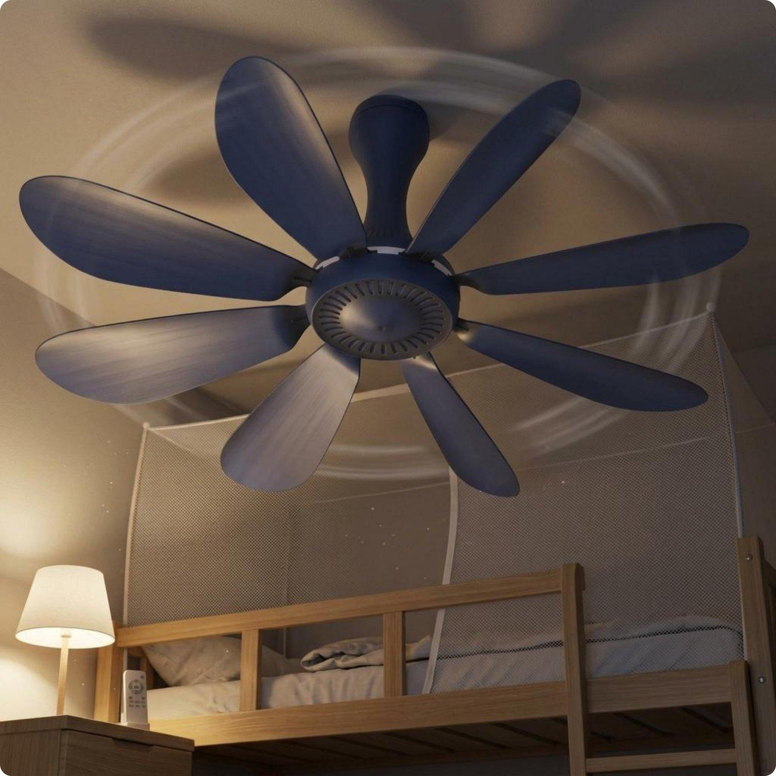 Remote Control Hanging Fan Strong Ventilation Mini Overhead Quiet Portable Cooling for Net, Bed Navy 8-blade