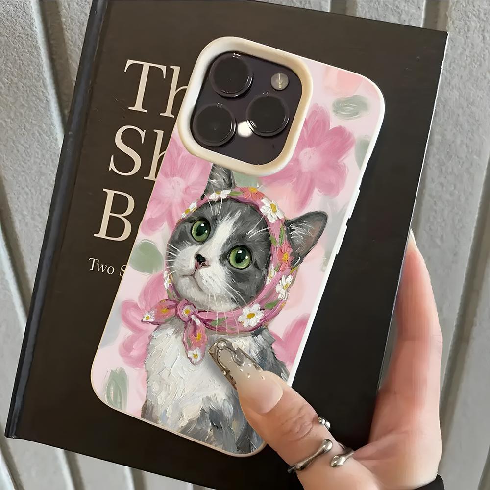

Oil Painting Cute Cat Pattern Lychee Silicone Phone Case For iPhone 17 Pro Max 15 16 17 14 13 12 11 Pro Plus 17 Air Soft Cover iPhone17 Pro Max