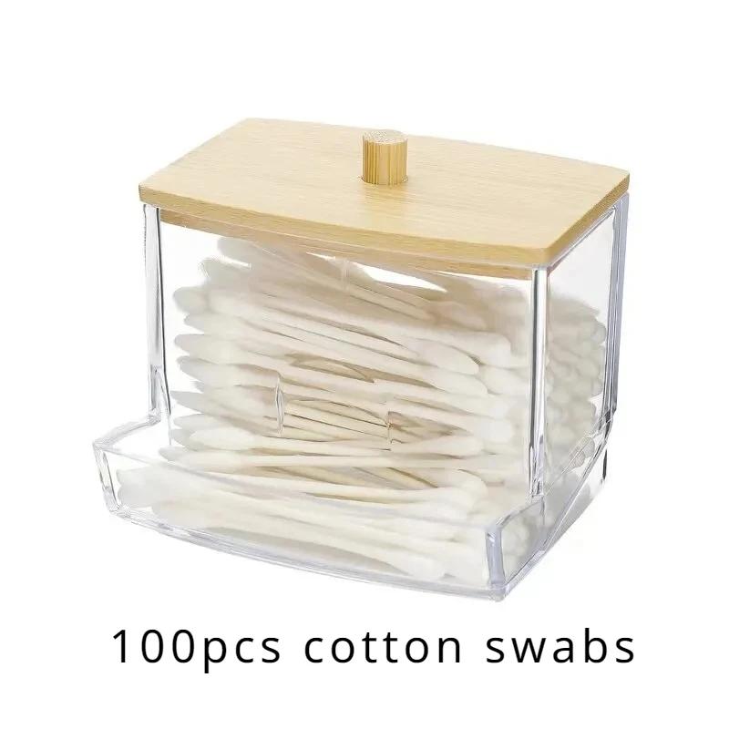 

Cotton Swab Box Transparent Bamboo Cover Dustproof Cotton Swab Toothpick Storage Box Purpose Visible Dispenser with Cotton Swab
