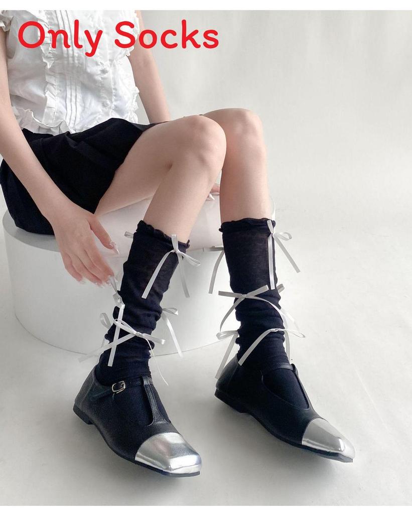 Ballet Ribbon Butterfly Knot Stockings With Mesh Knit For Spring Teen Girls