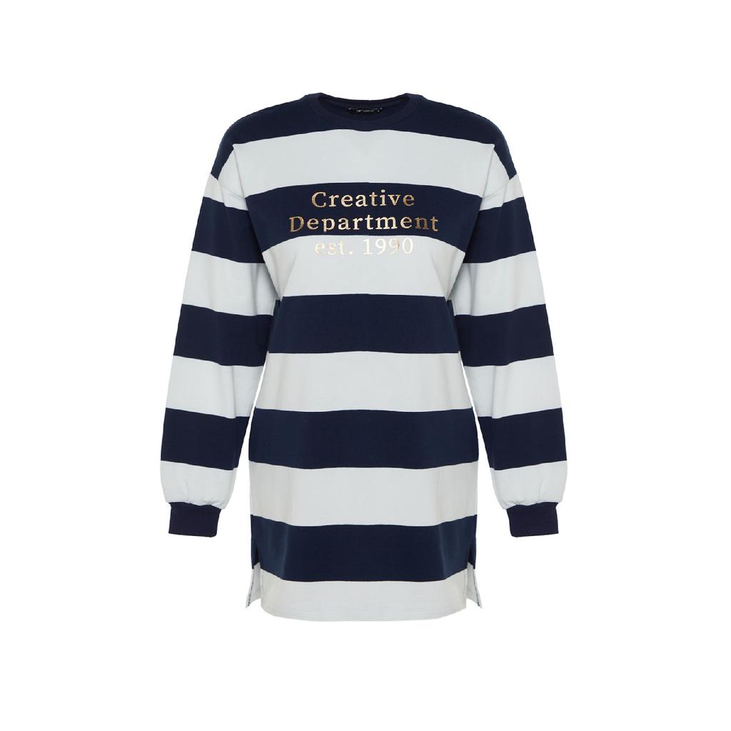 Navy Blue Striped Printed Knitted Tunic Tctss23uk00041