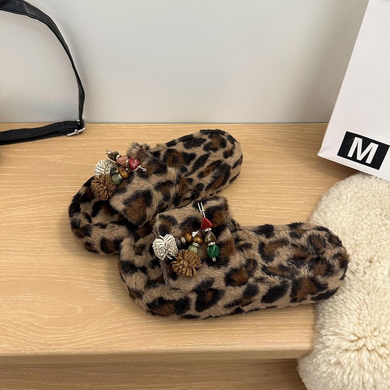 Leopard Print Thick Bottom One-word Fluffy Slippers Women Wear 2025 New Spring, Autumn and Winter Indoor Home Internet Celebrity Cotton Slippers