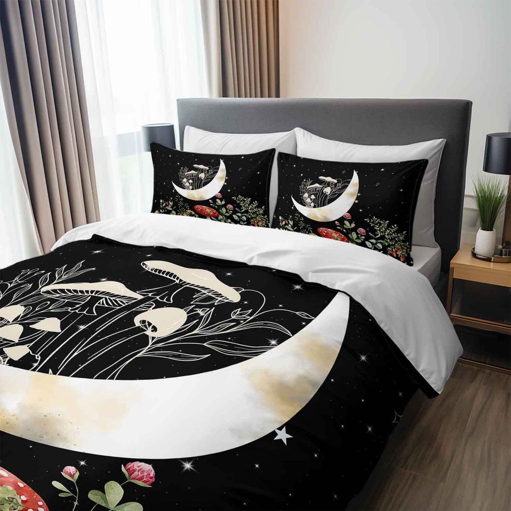 3-teiliges Mond- und Pilz-Bettwäsche-Set Böhmisches Nachtgarten-Muster Florales Thema Bettbezug-Set Dunkle Ästhetik Schlafzimmer-Dekor
