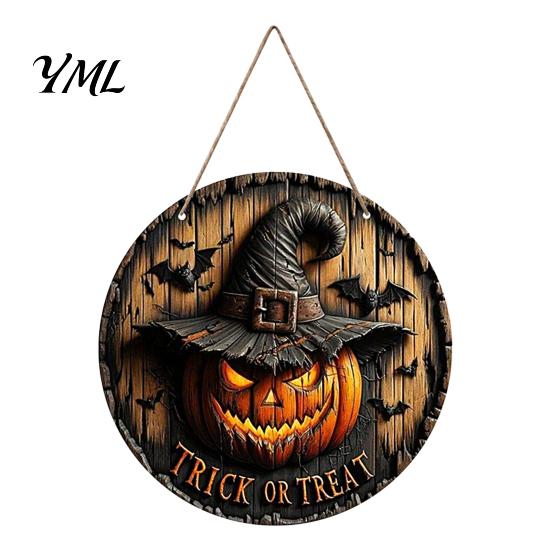Halloween Party Home Ornament Witch Hanging Sign, 8" Round Wooden Door Autumn Forest Front Decor Witches Rustic Holiday Sign for Porch Decoration Gift