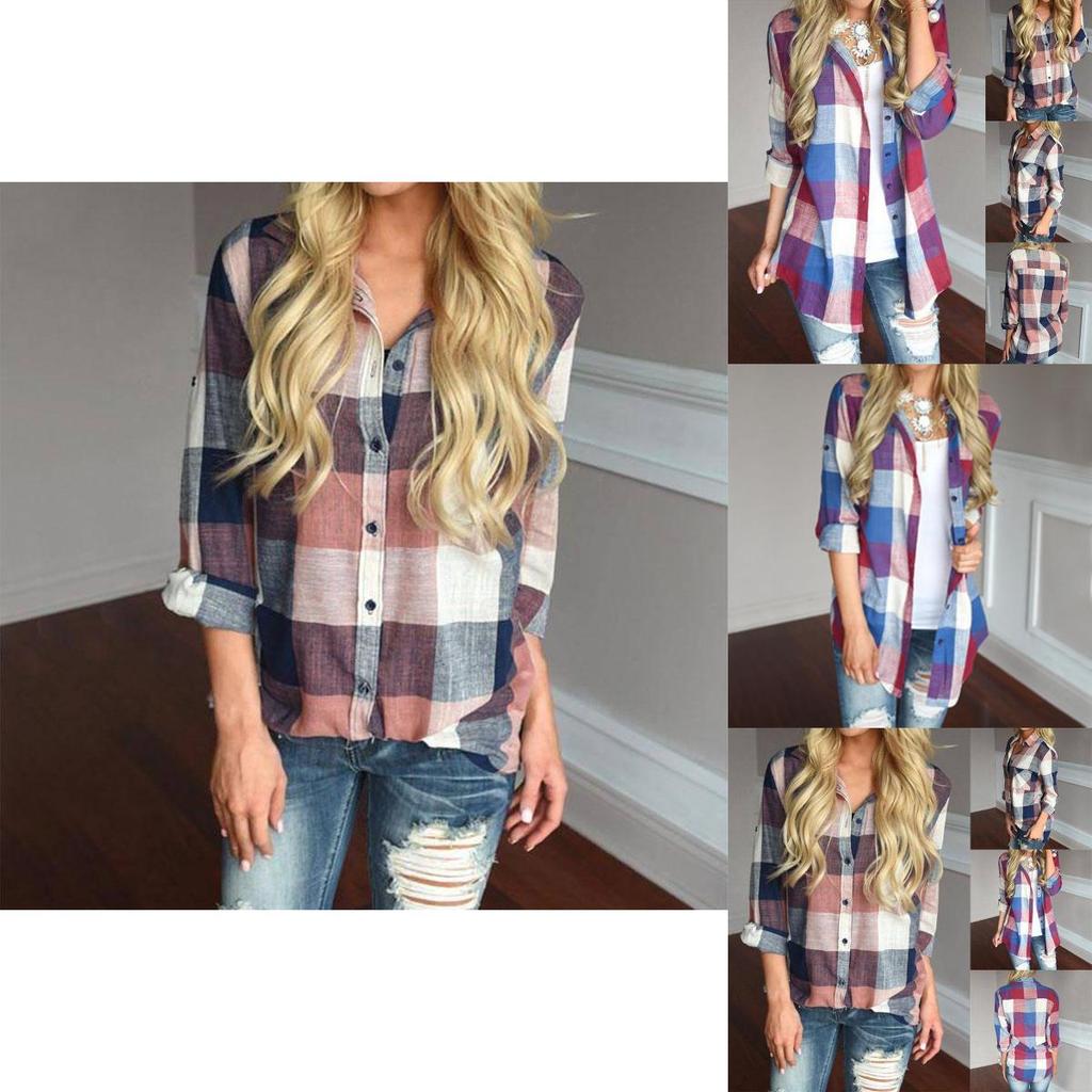 Women Long Sleeve Plaid Linen Shirt With Turndown Collar For Casual Office Wear