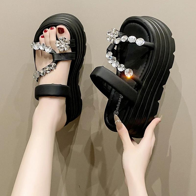 8CM Heels Chunky Slippers for Women Open Toe High Platform Crystal Sandals Woman New Summer Thick Bottom Beach Bead Flip Flops