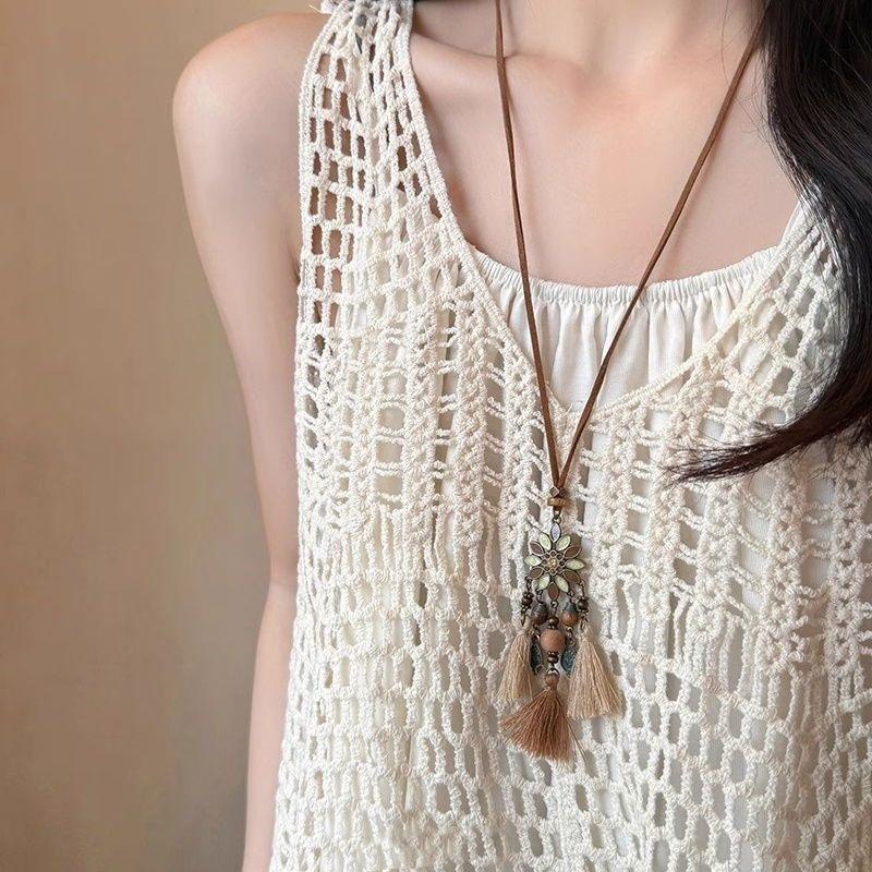 Bohemian Coffee Retro Fringed Necklace Female Exotic Ethnic Style Butterfly Pendant Sweater Chain Old Accessories