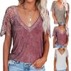 Naiste vaba vabaaja lühikeste varrukatega V-kaelusega pitsist pitsist varrukatega top pluus