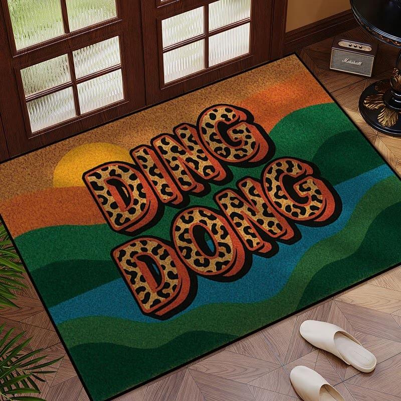 Retro Letter Floor Mat Ding‑Dong Leopard Print Wave Sunset Pattern Anti‑Slip Washable Doormat Entryway Porch Home Decor