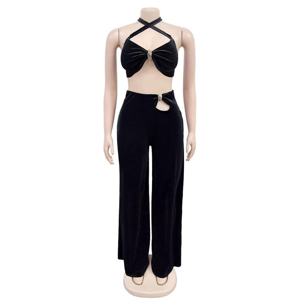 C7236 Women's Fashion Solid Color Strapless Long Pants Two-Piece Set