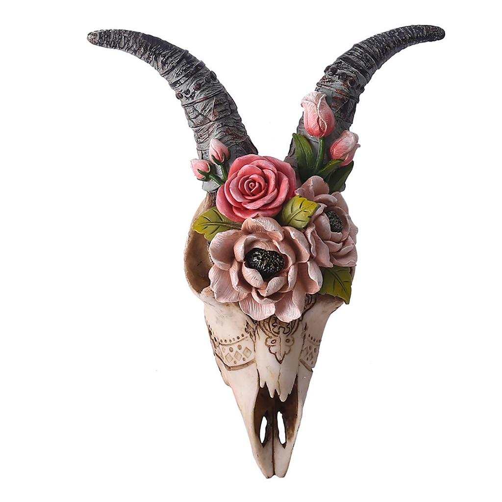 Decorative Wall Hanging Sculpture Figurines Simulation Flower Goat Skull Ornament Artwork Props 3D Animal Crafts Decor