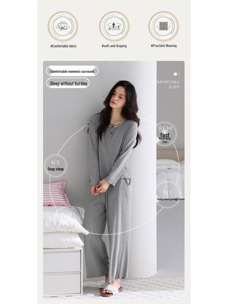 New Women's Grey Casual Modal Pajama Set - Long Sleeve Pullover with Chest Pads and Long Pants for Spring and Autumn
