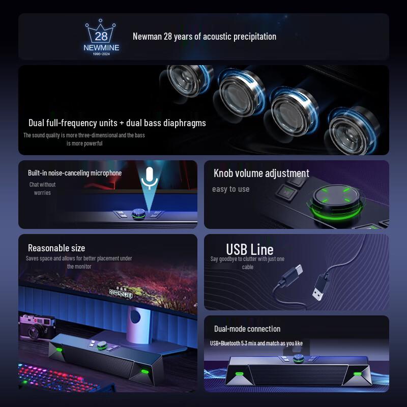 Newmine V1 PRO Gaming Speaker with Microphone and Bluetooth 5.3 CN Plug (adapter Included) (CN Version)