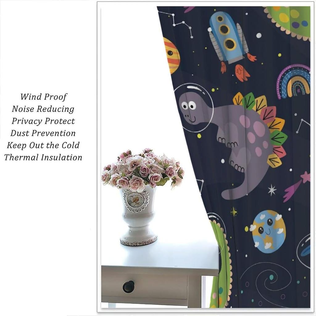 Kids Dinosaur Curtains Cartoon Dino Outer Space Window Treatments Boys Girls Bedroom Children Nursery Decor Cute Curtain Polyester Perfect For