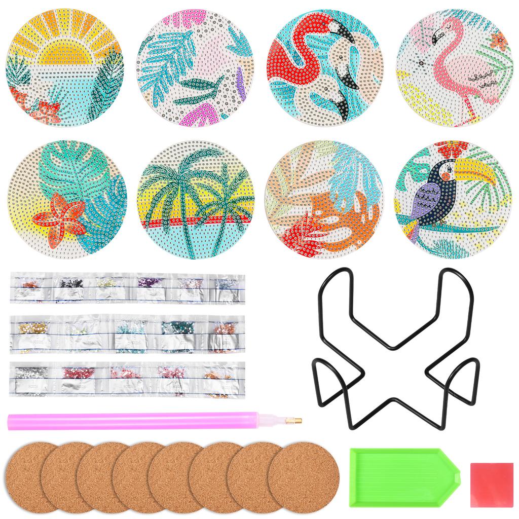 8PCS Diamond Art Painting Coasters with Holder Set, DIY Drink Coasters Art Crafts Supplies for Cup Mat Home Decor  3.9inch